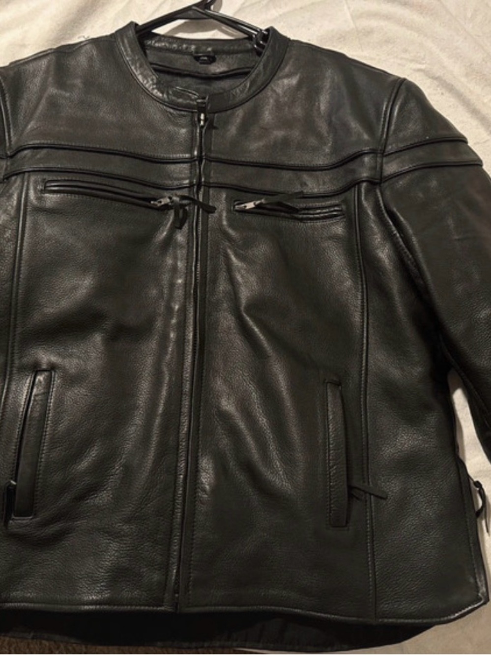 Men's Black Leather Moto Jacket with Zip Chest Pockets